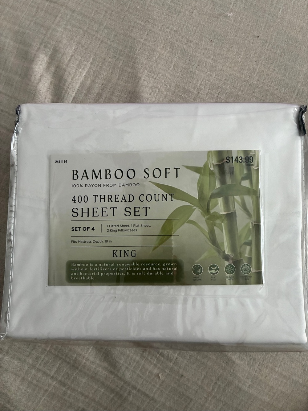 4 Piece King Size Crisp, Cool Bamboo Sheet Set, 400 Thread Count, NEW NIP $144
